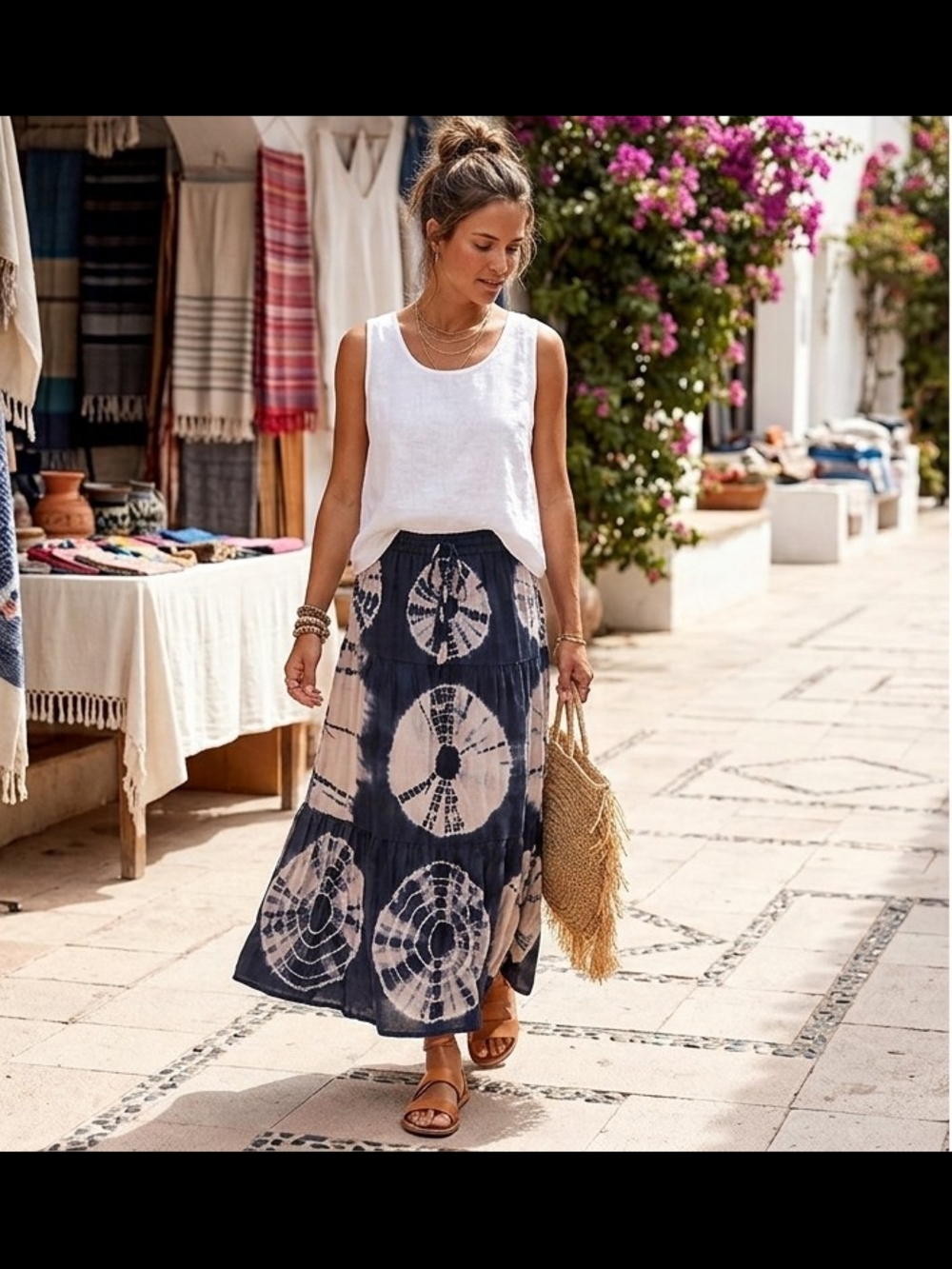 Magic Boho Tie-Dye Maxi Skirt — Navy and Cream